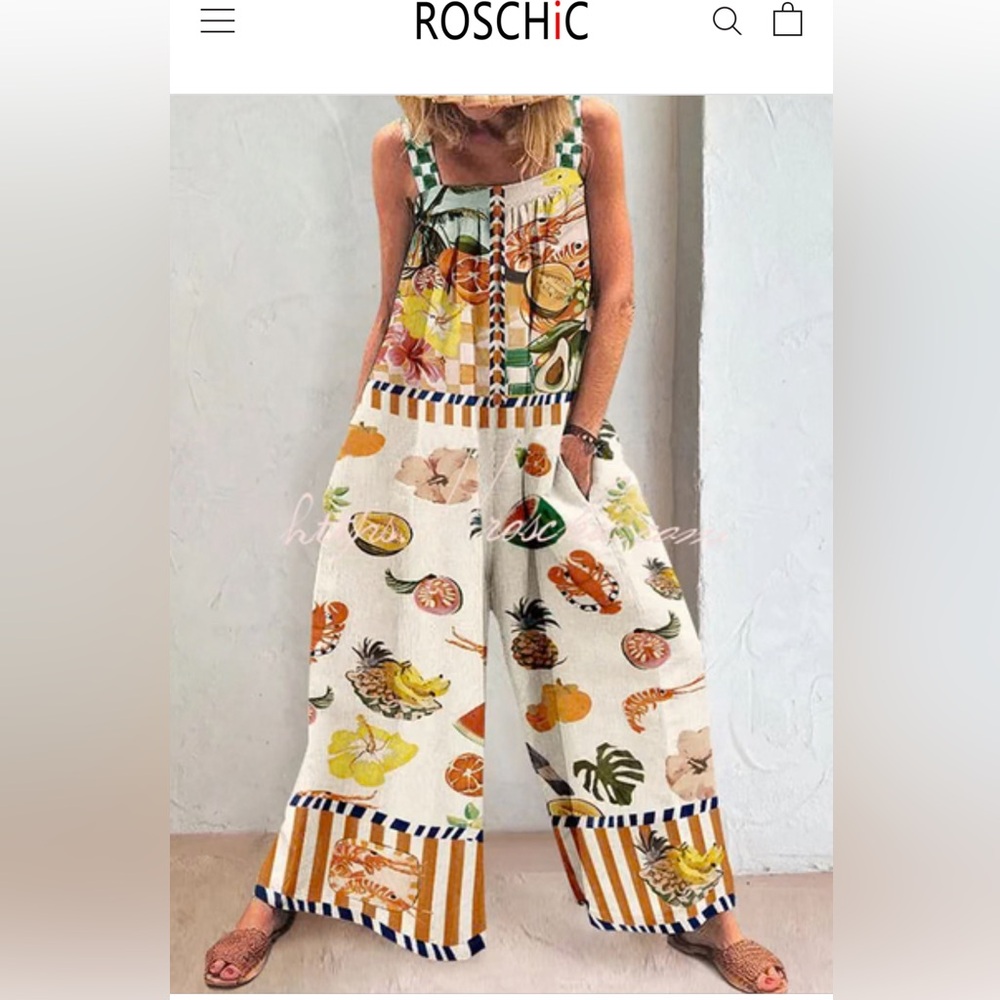 GOOD TIMING LINEN BLEND TROPICAL FRUIT PRINT POCKETED WIDE LEG JUMPSUIT - Medium